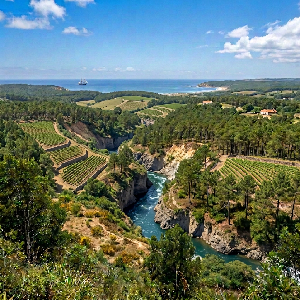 Rushing river through lush mountains toward a blue ocean coastline