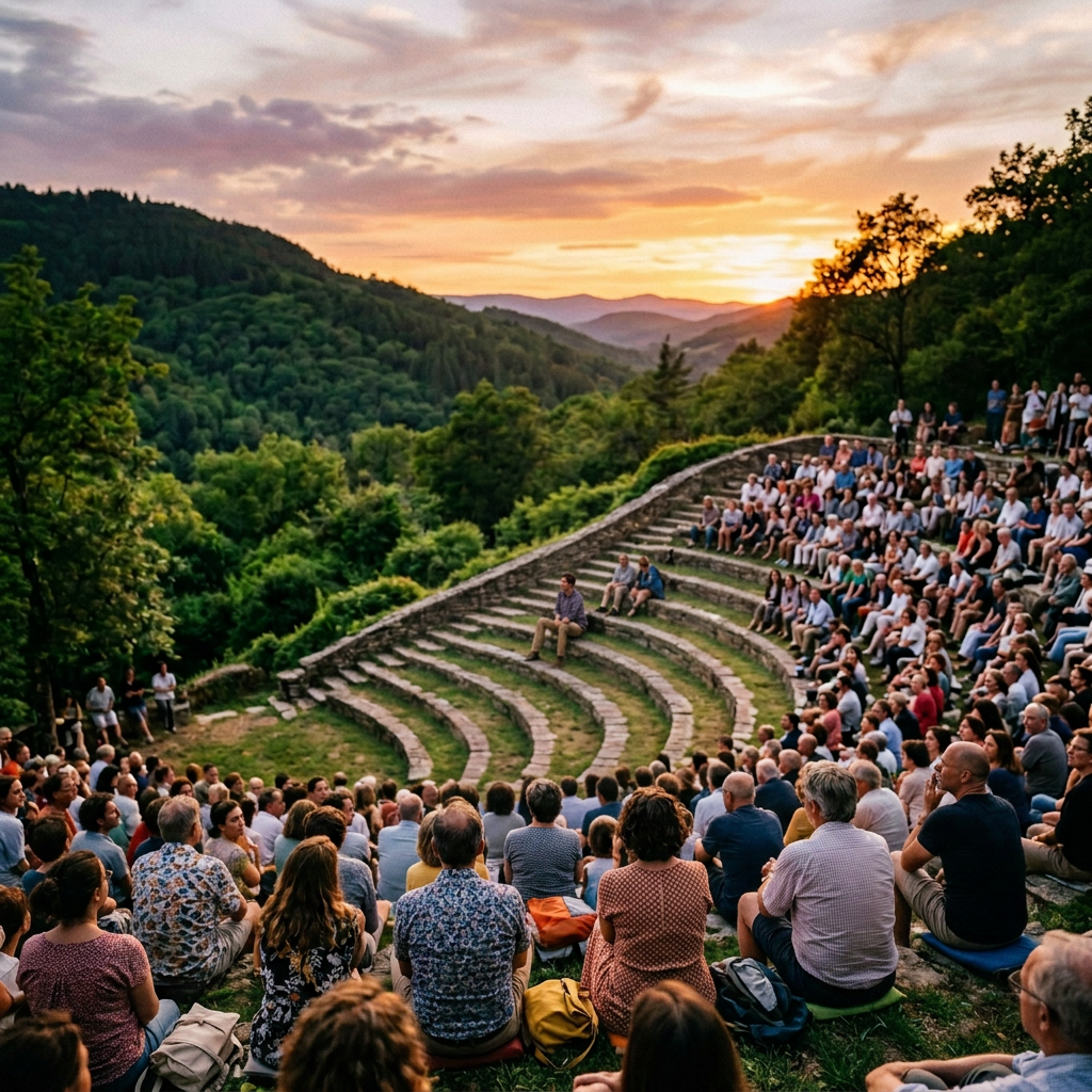 Speaker addressing a large audience in a mountain amphitheater at sunset