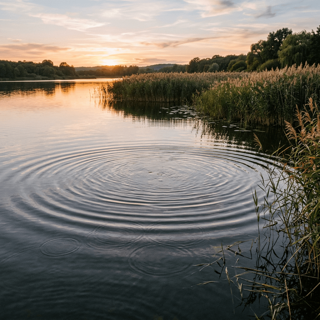 Sunset over a calm lake with reeds and expanding water ripples