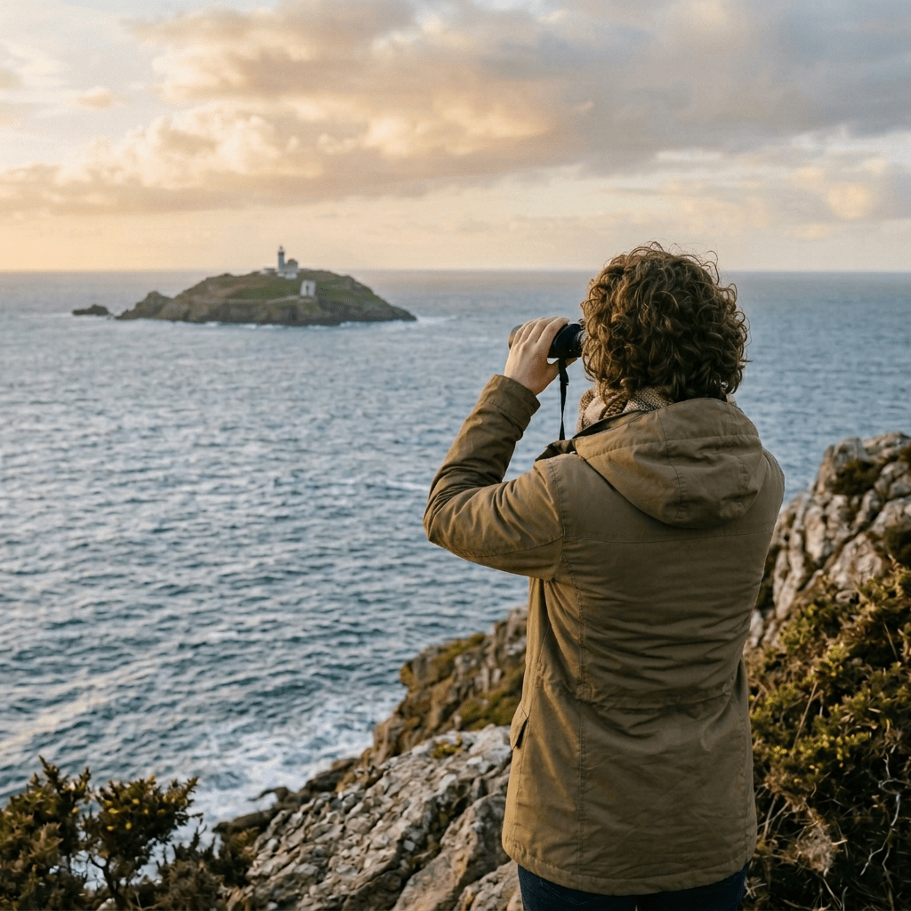 Hiker using binoculars above the ocean near a small rocky island